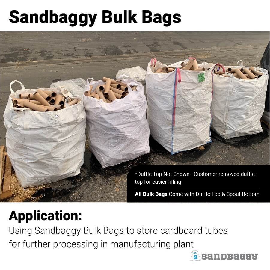 Sandbaggy Bulk Bags Application: Using Sandbaggy Bulk Bags to store cardboard tubes for further processing in manufacturing plant