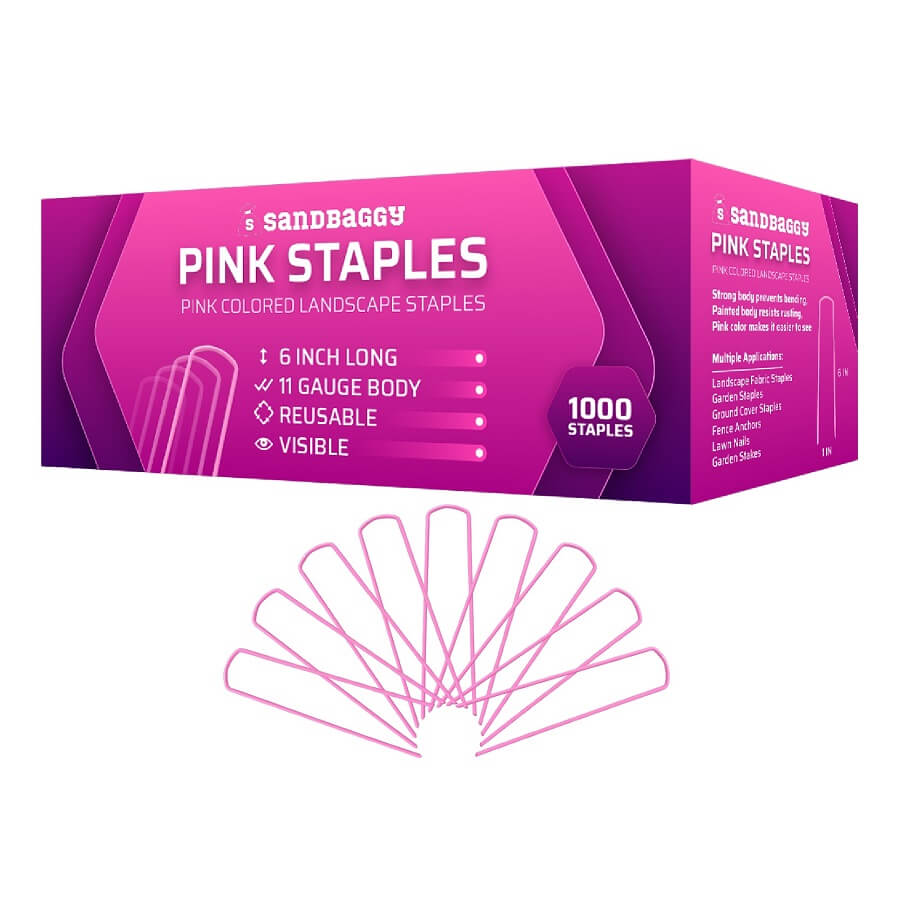 Sandbaggy Pink Staples: Pink Colored Landscape Staples: 6 inch long, 11 gauge body, reusable, visible: 1000 staples. Strong body prevents bending. Painted body resists rusting. Pink color makes it easier to see. Multiple Applications: Landscape Fabric Staples, Garden Staples, Ground Cover Staples, Fence Anchors, Lawn Nails, Garden Stakes.