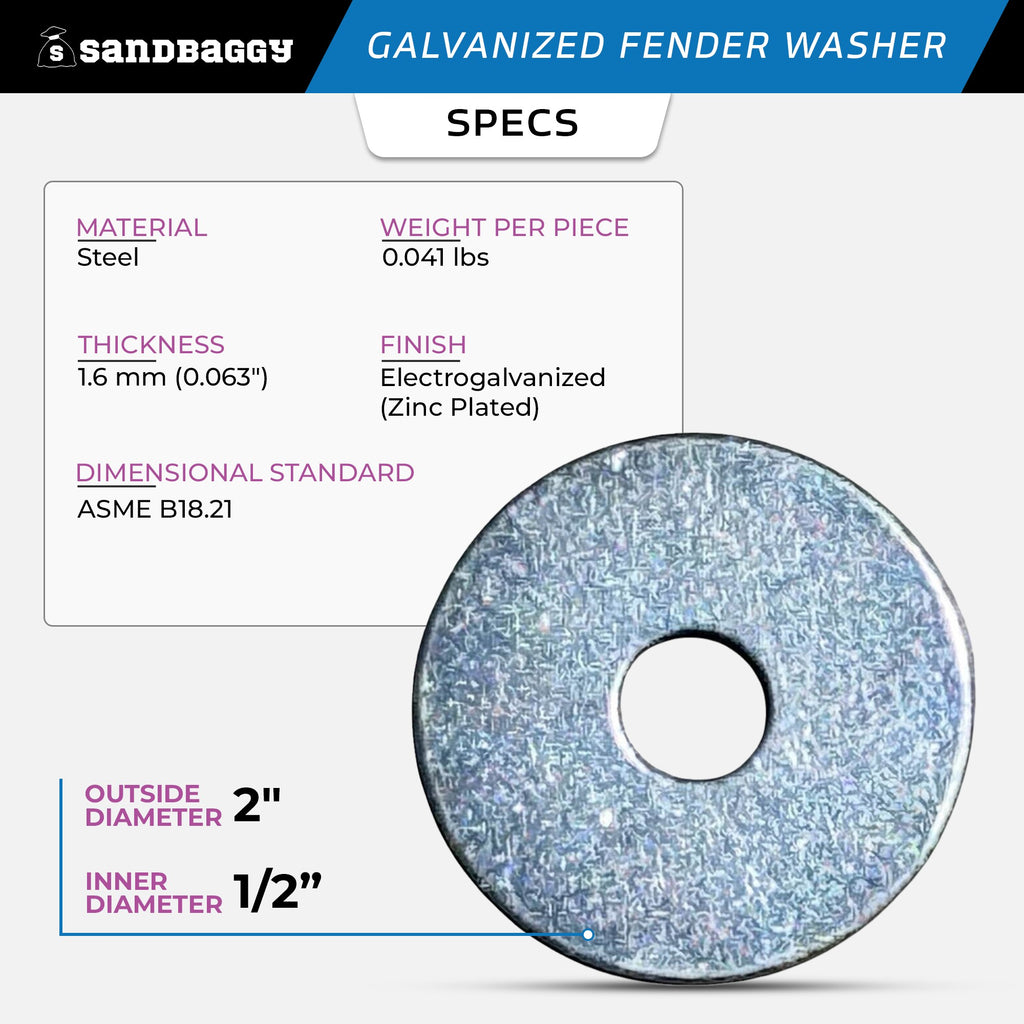 1/2” x 2” Galvanized Fender Washer (Zinc Plated)