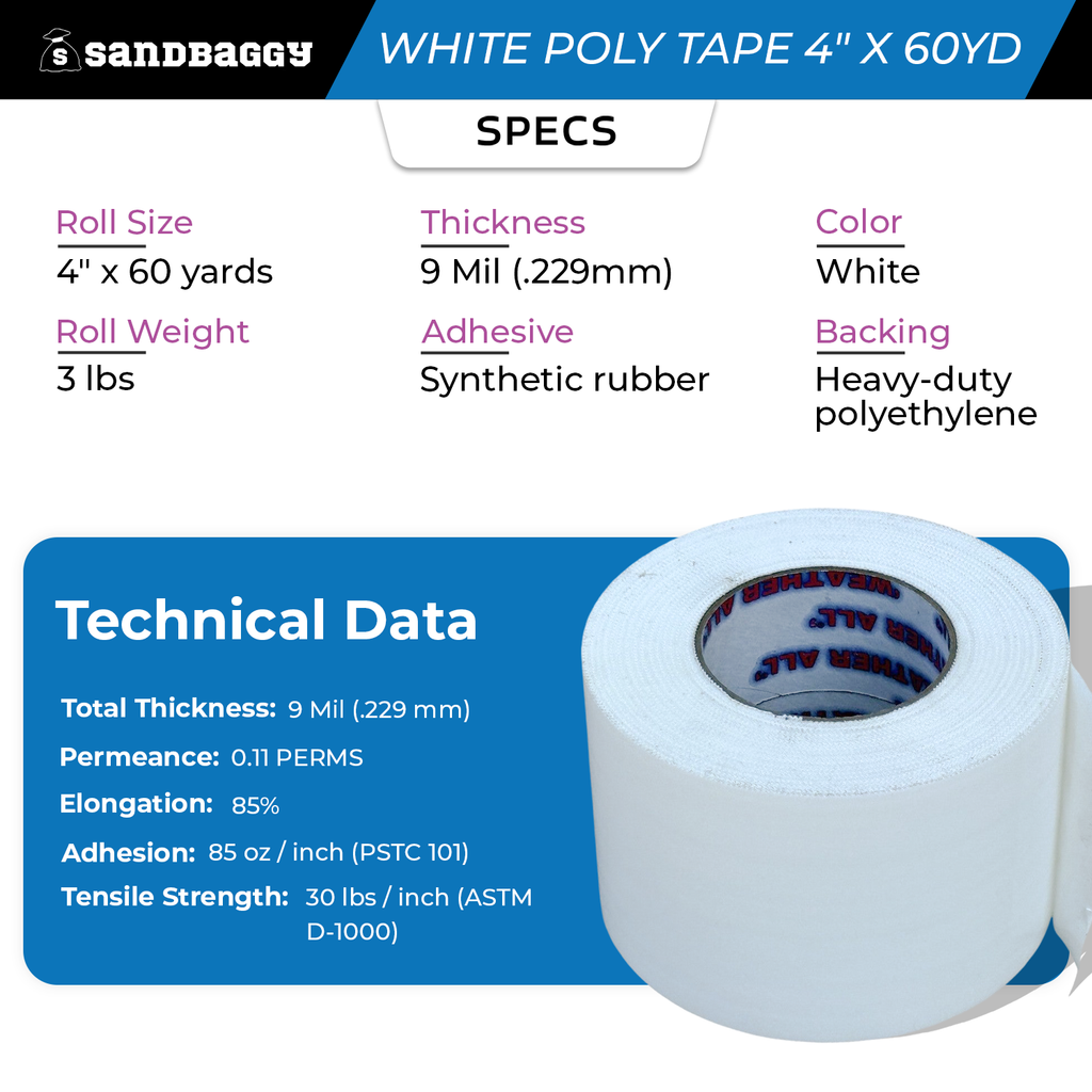 White Vapor Barrier Tape – 4" x 60 Yd, 9 Mil Polyethylene - USA Made