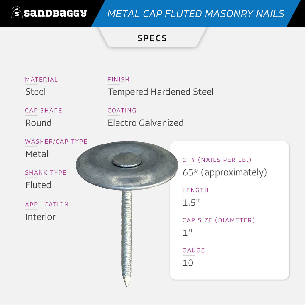 1-1/2" Metal Cap Fluted Masonry Nails - Galvanized (appx. 65 nails / lb)