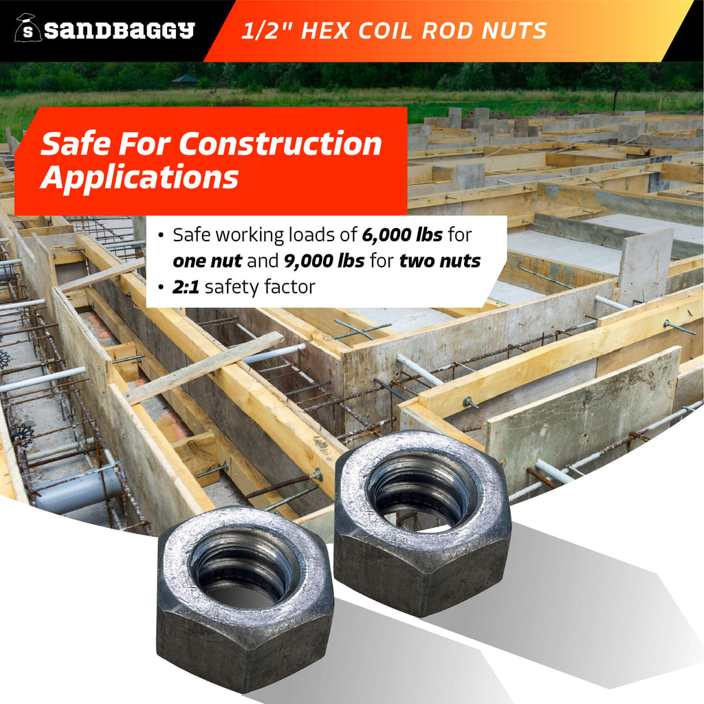 1/2" coil rod nuts safe for construction applications - heavy load capacity