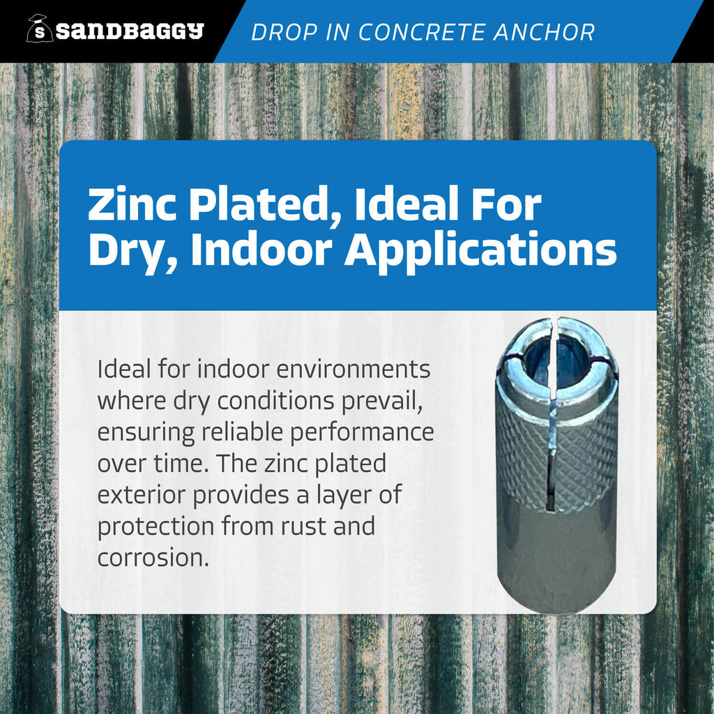 1/2" drop in concrete anchors - zinc plated, interior applications