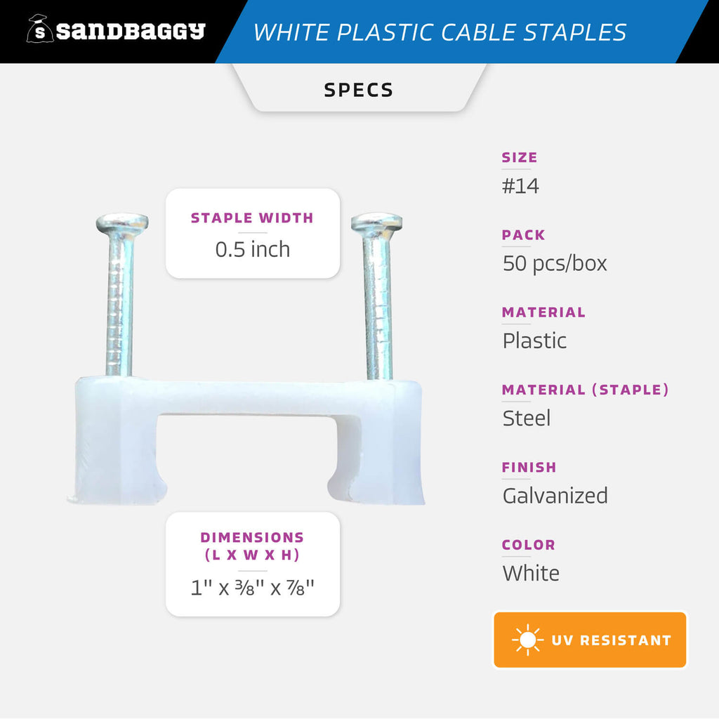 1/2" x 1" plastic cable staple - specs