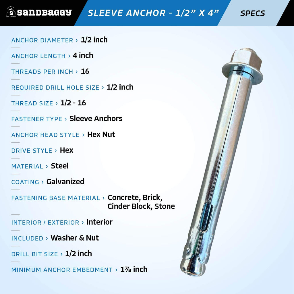 1/2" x 4" concrete sleeve anchors specs