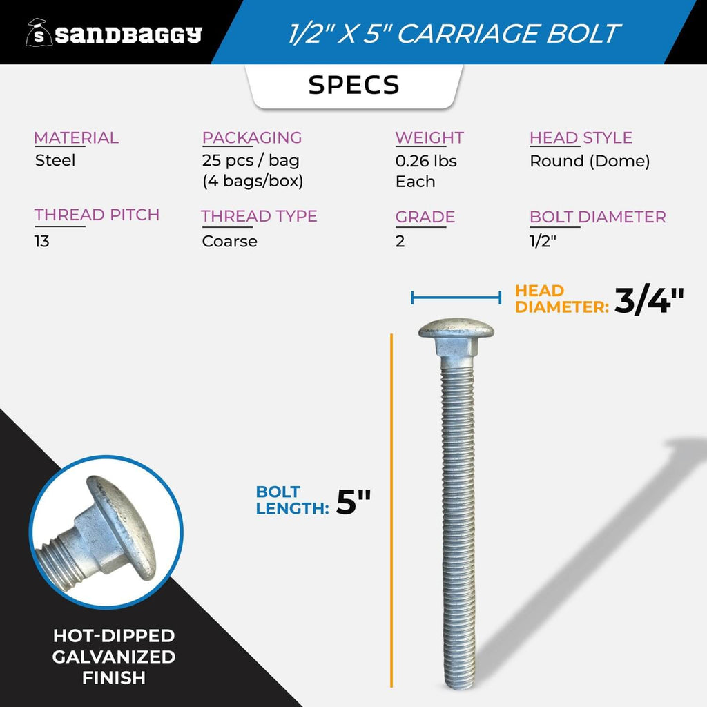 1/2” x 5” Galvanized Carriage Bolts for Wood - Round Head - Specs