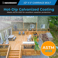 1/2” x 5” Hot Dip Galvanized Carriage Bolts for Wood - Round Head