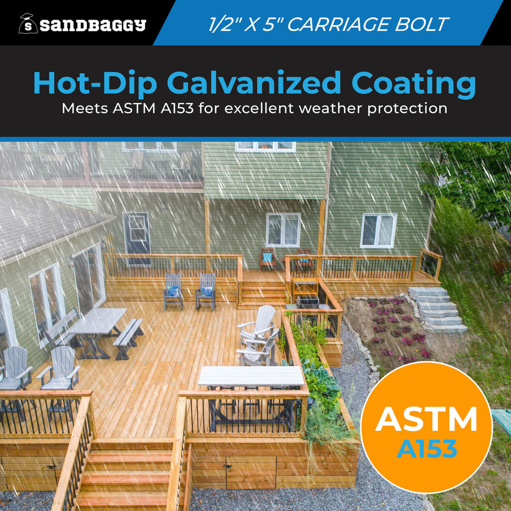 1/2” x 5” Hot Dip Galvanized Carriage Bolts for Wood - Round Head