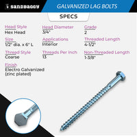 1/2" x 6" Galvanized Lag Bolts – Hex Head Wood Screws