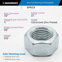 1/2" Hex Coil Rod Nuts (Threaded) - Galvanized (Zinc Plated)