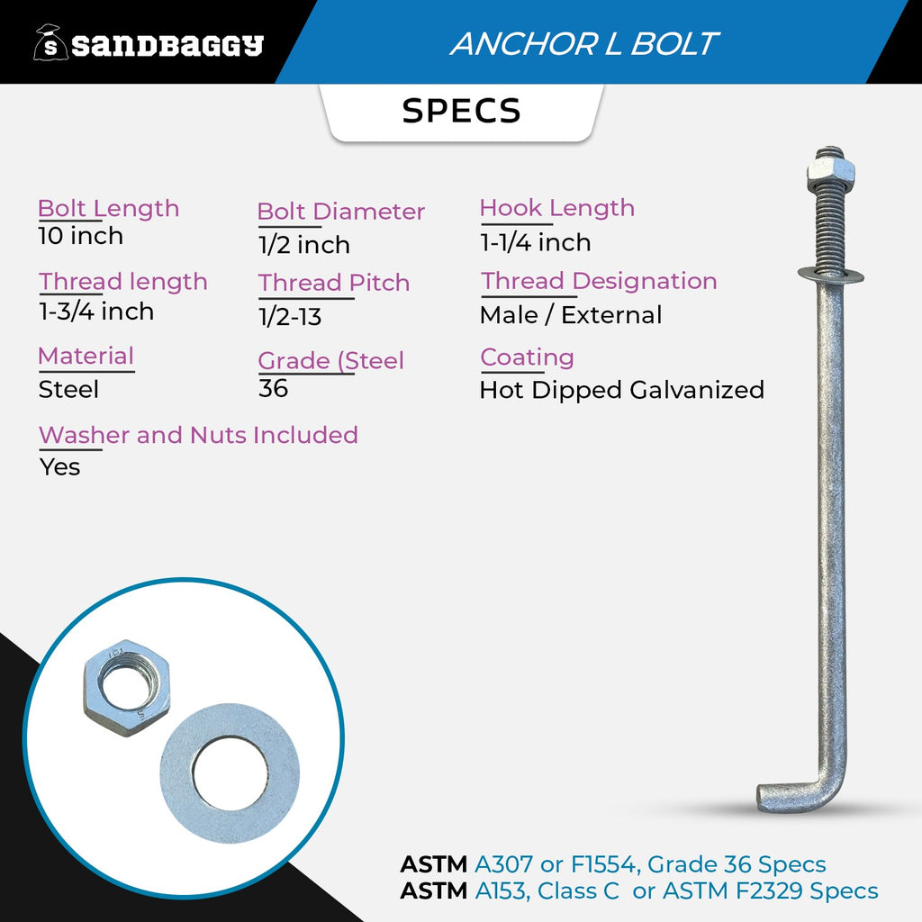 1/2" x 10" Threaded Concrete Anchor L-Bolts (Nuts & Washers Included) - Galvanized