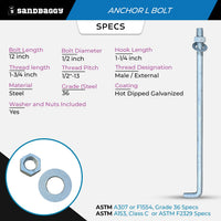 1/2" x 12" Threaded Concrete Anchor L-Bolts (Nuts & Washers Included) - Galvanized
