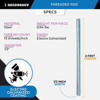 1/2" x 2 ft Threaded Rod - Galvanized (Zinc Plated)