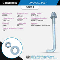 1/2" x 6" Threaded Concrete Anchor L-Bolts (Nuts & Washers Included) - Galvanized