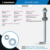 1/2" x 8" Threaded Concrete Anchor L-Bolts (Nuts & Washers Included) - Galvanized