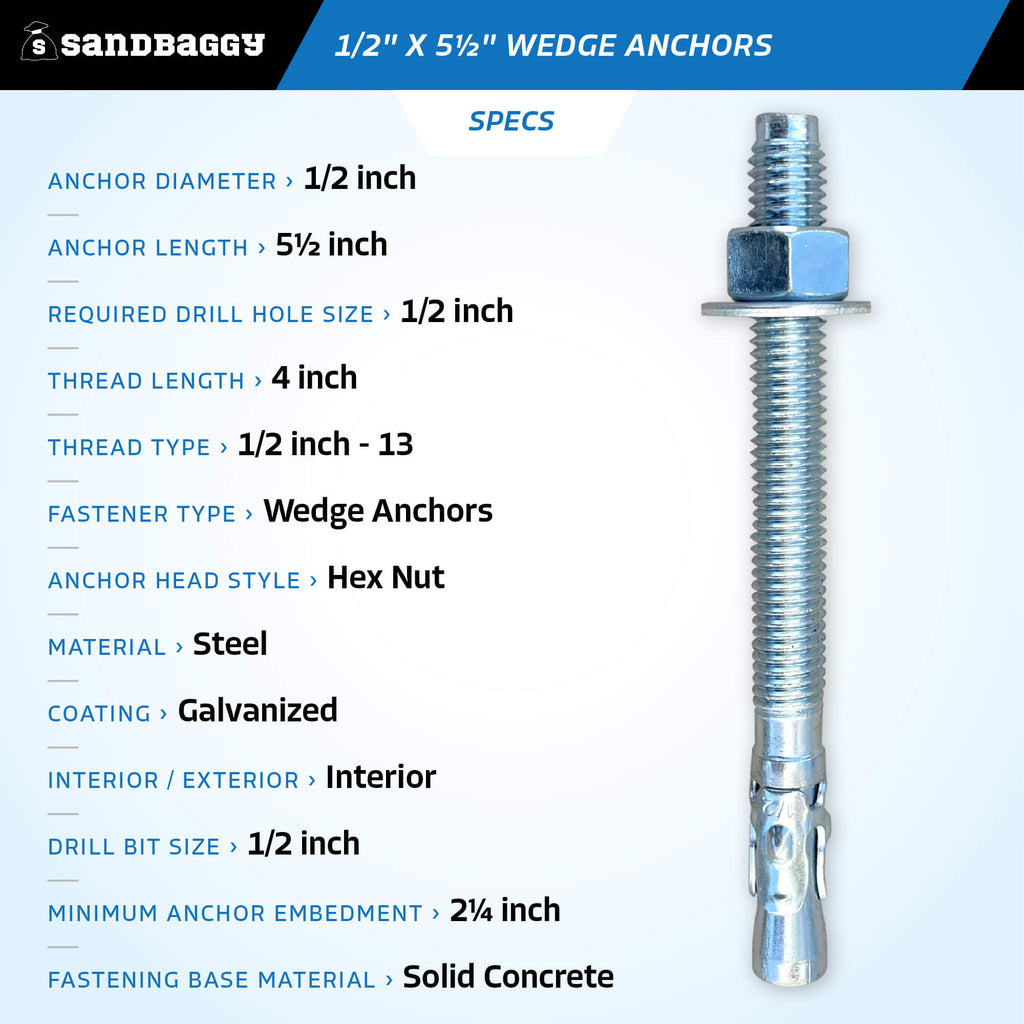 Party Animals 1/2 x 5 Inch Wedge Anchor, 5 PCs Zinc-Plated Industrial Anchor Bolts for Cement, Concrete Party Animals 1/2 x 5 Inch Wedge Anchor, 5 PCs Zinc-Plated Industrial Anchor Bolts for Cement, Concrete