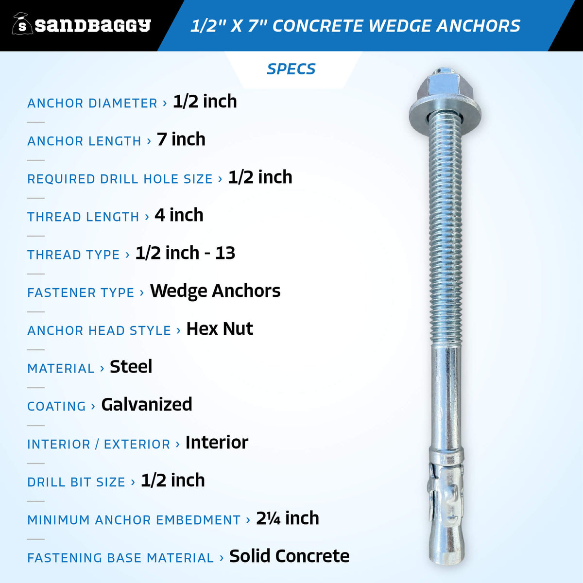 Concrete Wedge Anchors – 1/2" X 10" Zinc-Plated Steel, 25 Pieces Per Box