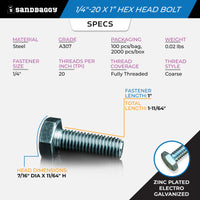1/4-20 x 1 hex bolt - specs