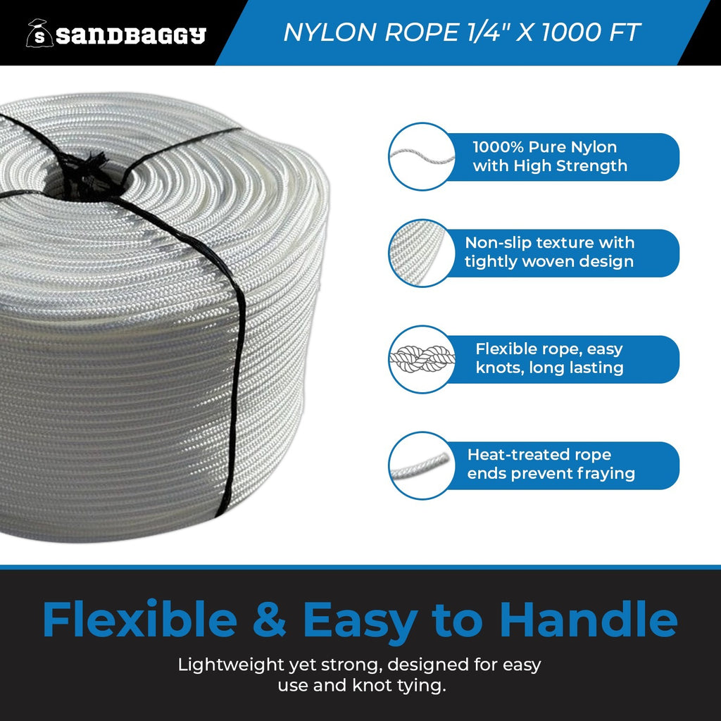 Solid Braid Nylon Rope 1/4" x 1000 ft White | Golf Course Rope & Outdoor Use