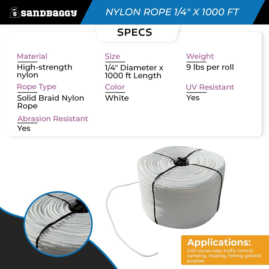 Solid Braid Nylon Rope 1/4" x 1000 ft White | Golf Course Rope & Outdoor Use