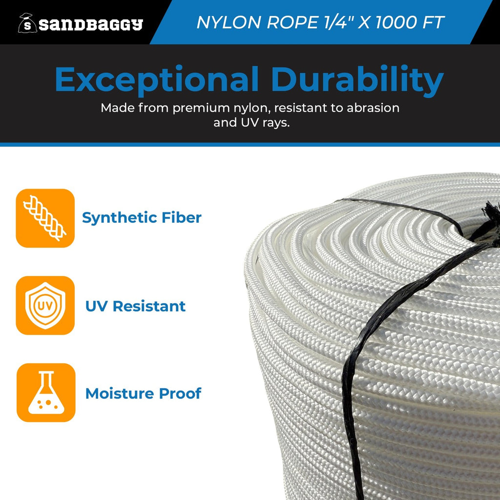 Solid Braid Nylon Rope 1/4" x 1000 ft White | Golf Course Rope & Outdoor Use