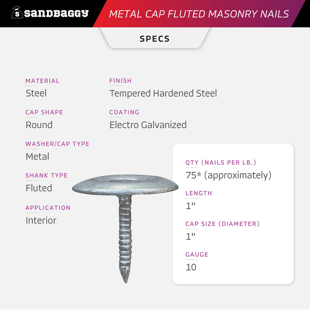 1" metal cap fluted masonry nails specs