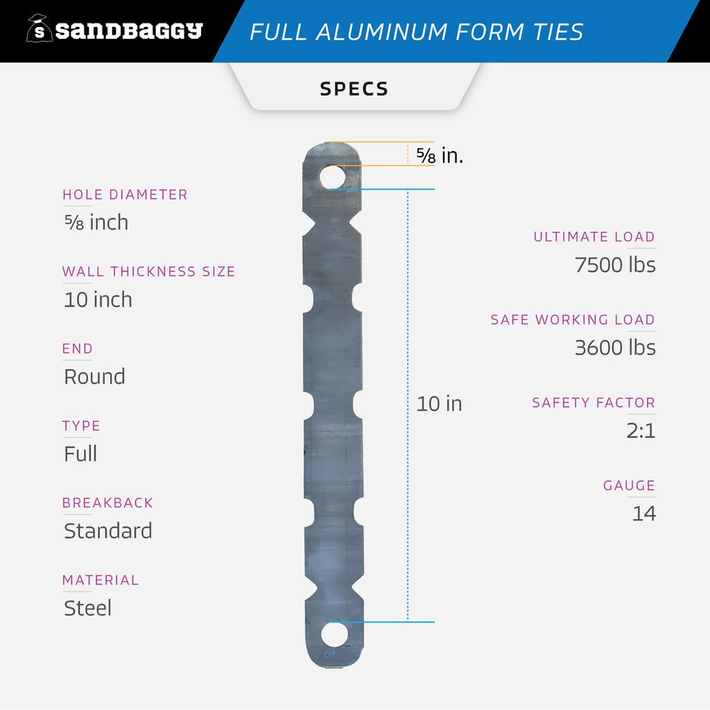 10 inch aluminum form ties specs