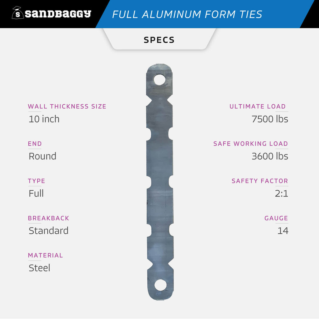 10 inch full aluminum form ties - specs