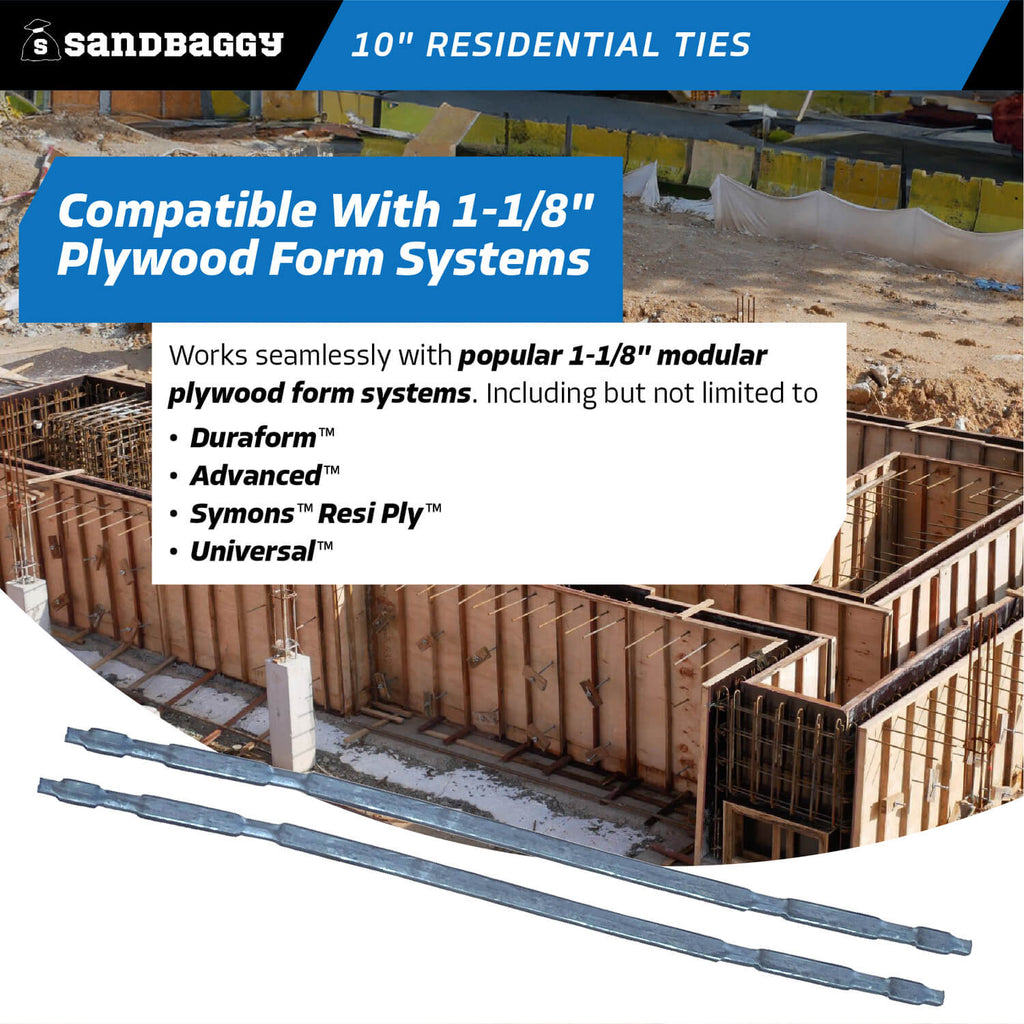 10" residential ties - 1-1/8" modular concrete plywood form systems