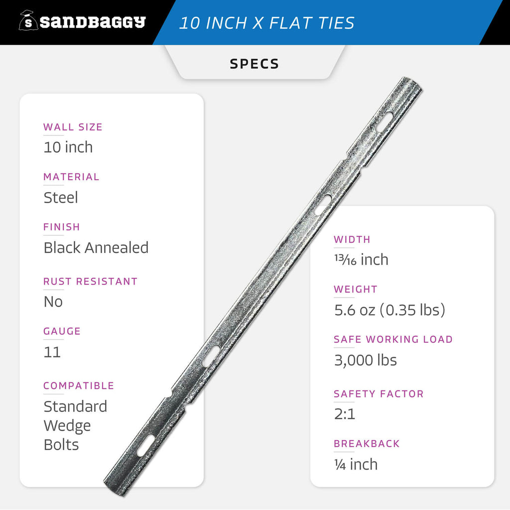 10" x flat ties specs