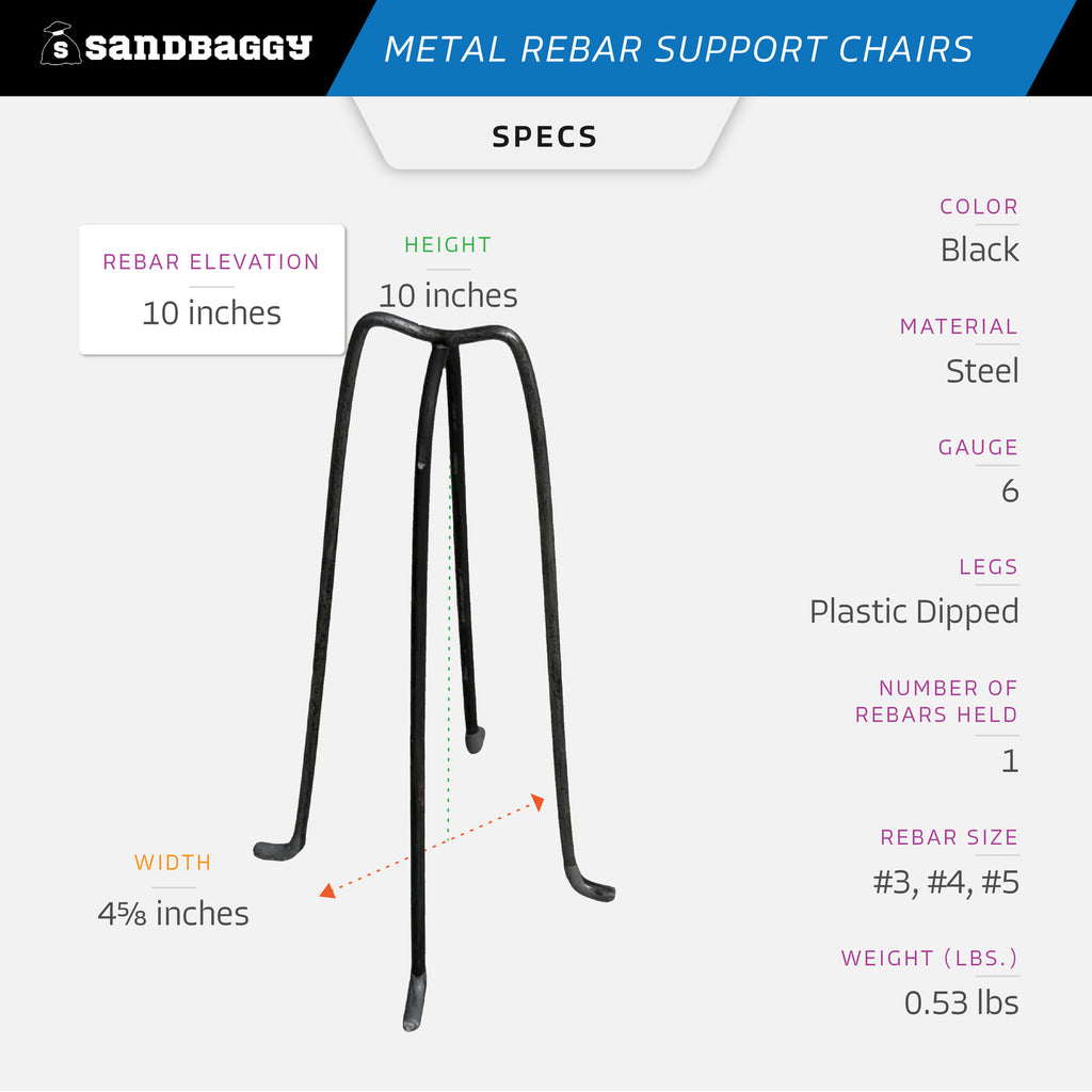 10" Metal Rebar Support Chairs - Plastic Dipped Legs - Rebar #3 to #5