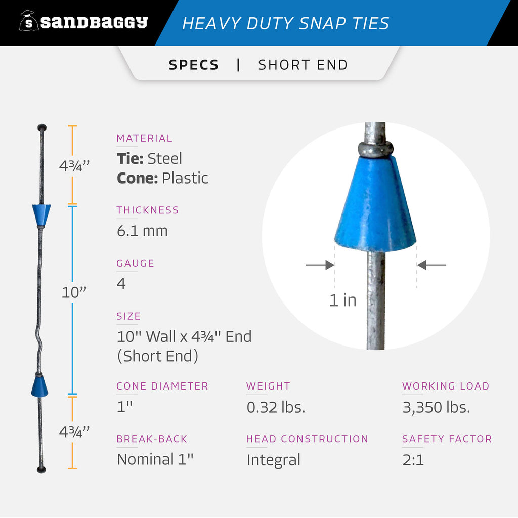 10" x 4 ¾" Heavy Duty Snap Ties For Concrete Forms (Short End) - 1" Plastic Cones