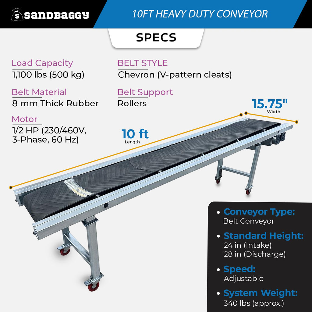 Heavy Duty Conveyor Belt System (15.75" x 10 ft) | 1,100 lb Cap. | Chevron Rubber Belt