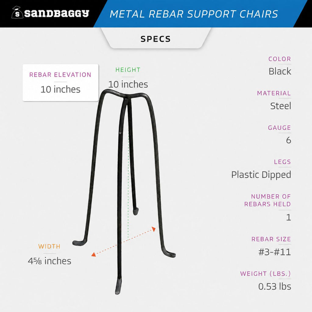 10" Metal Rebar Support Chairs - Plastic Dipped Legs - Rebar #3 to #11