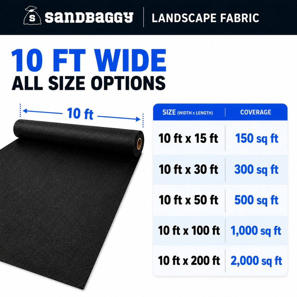 10 ft wide weed barrier fabric rolls - available in lengths 15 ft, 30 ft, 50 ft, 100 ft, 200 ft 
