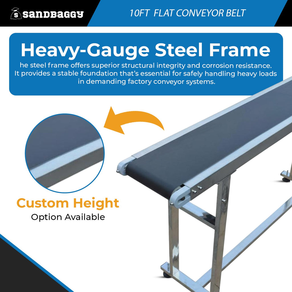 Heavy Duty Conveyor Belt System (15.75" x 10 ft) | 1,100 lb Cap. | Flat Rubber Belt