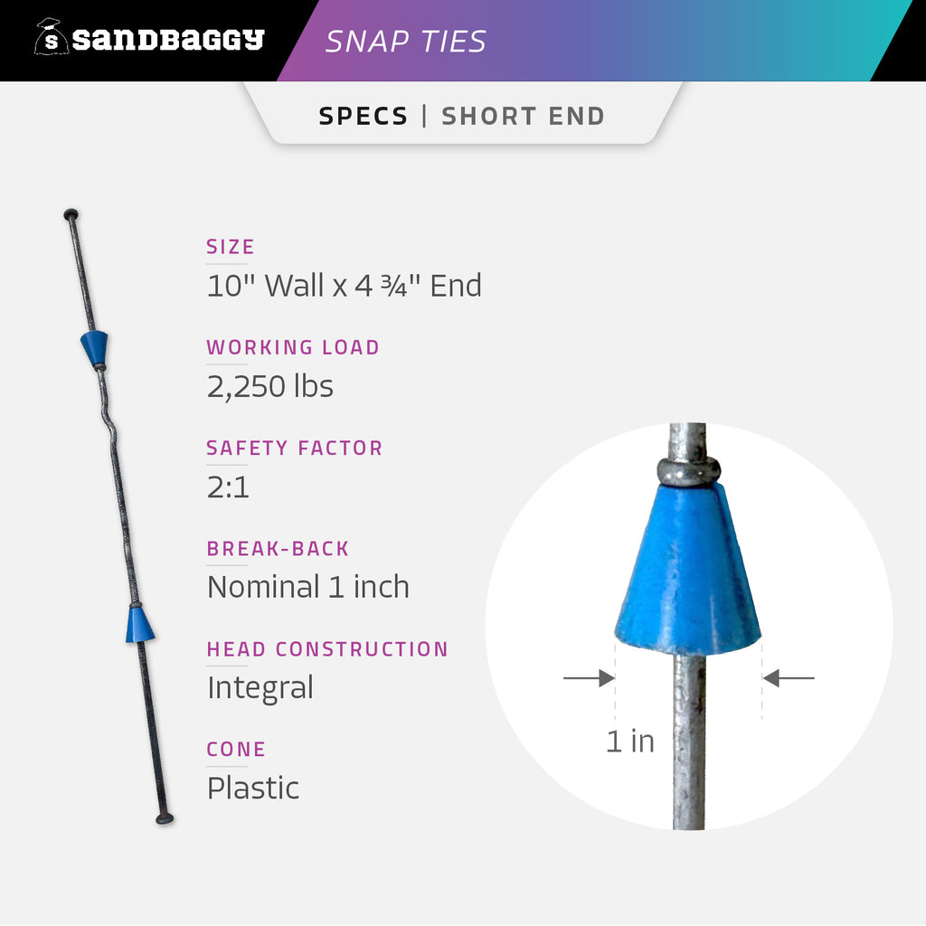 10" short end snap ties specifications