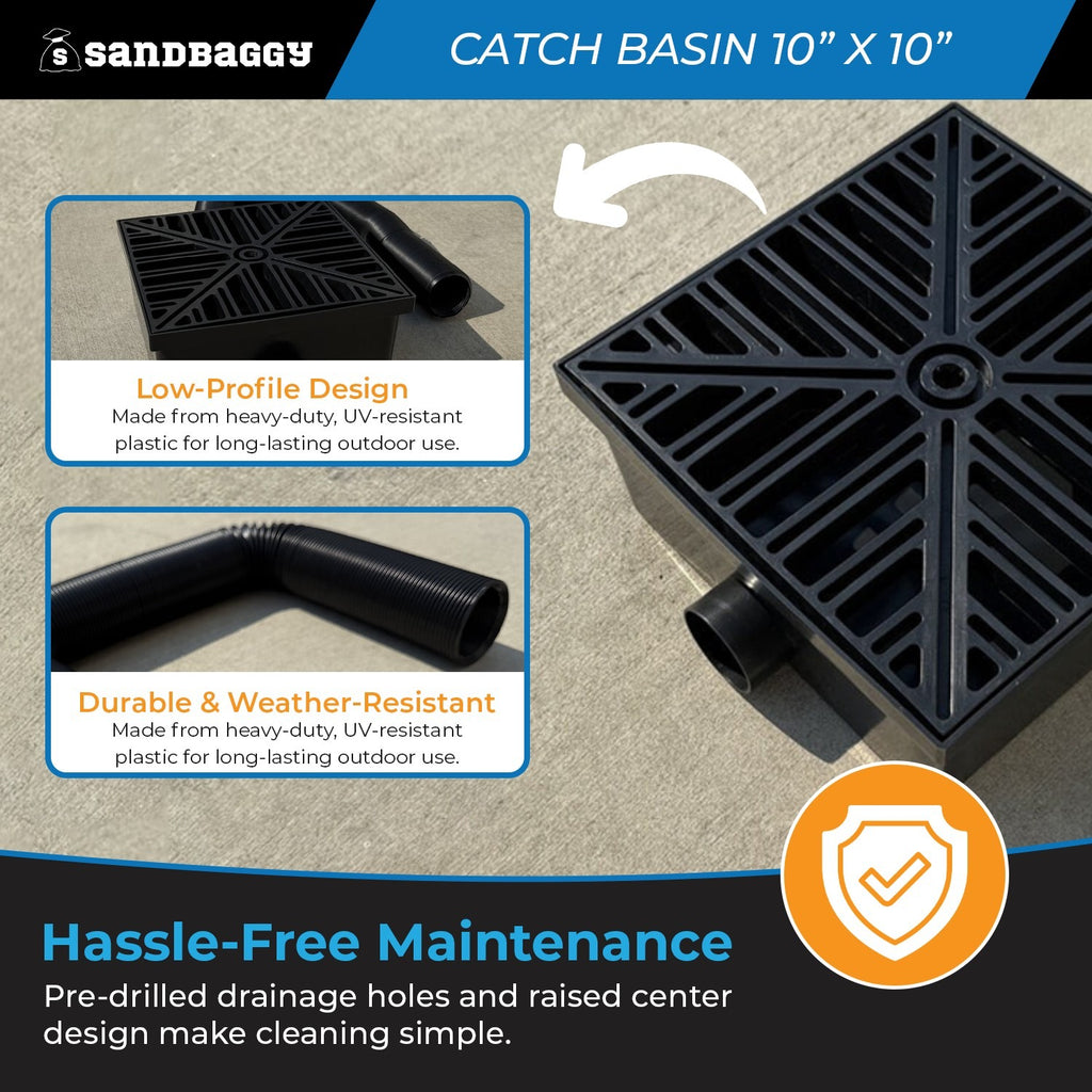 10" x 10" Low Profile Catch Basin with Flexible Drain Pipe – Outdoor Drainage System