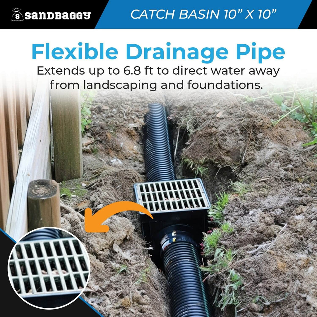 10" x 10" Low Profile Catch Basin with Flexible Drain Pipe – Outdoor Drainage System
