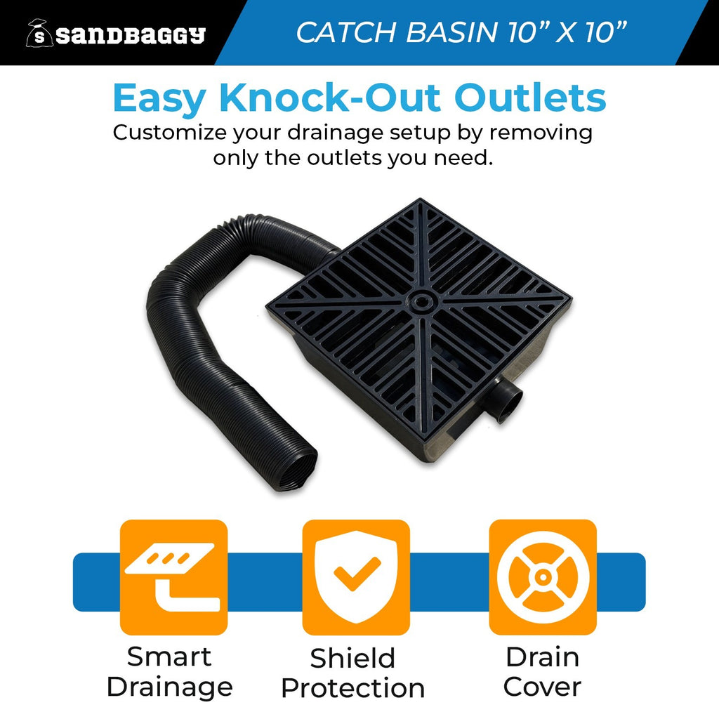 10" x 10" Low Profile Catch Basin with Flexible Drain Pipe – Outdoor Drainage System