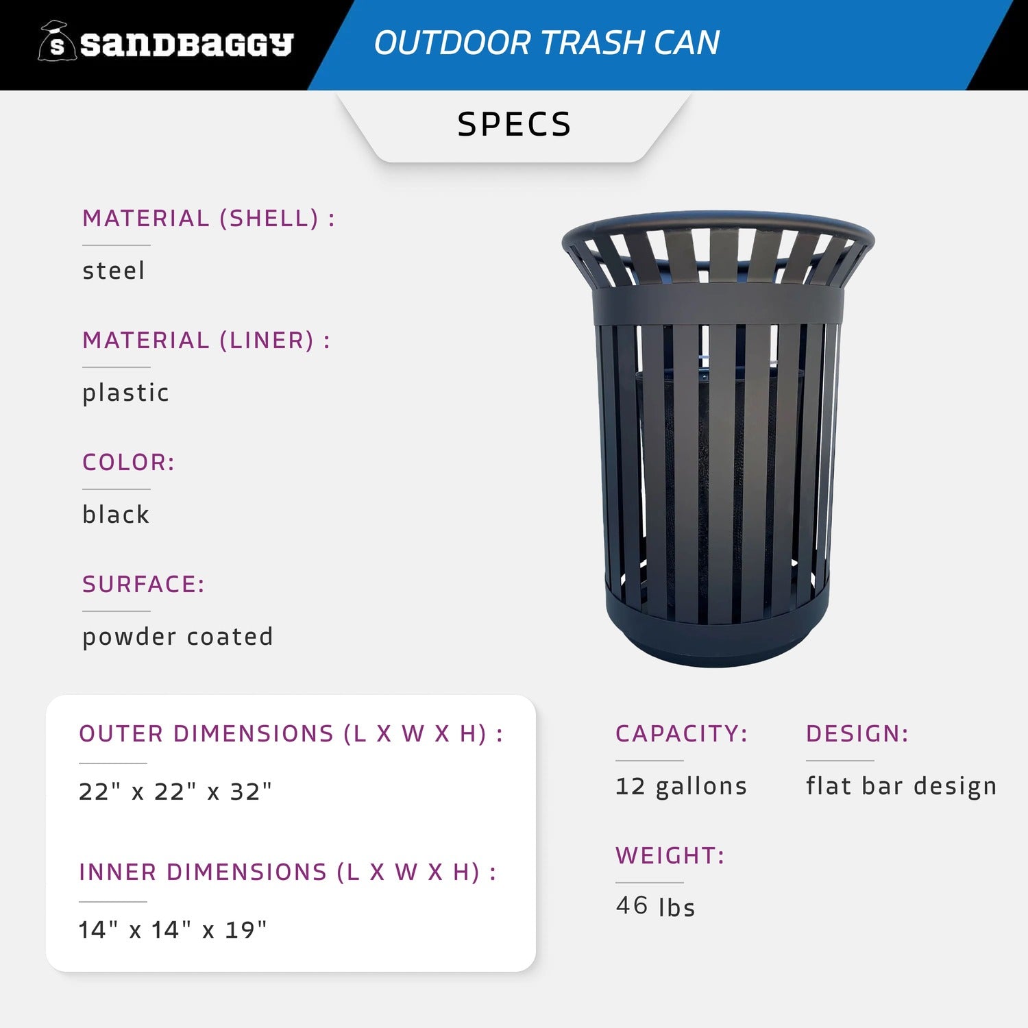 12- Gallon Black Commercial Trash Can | Sandbaggy