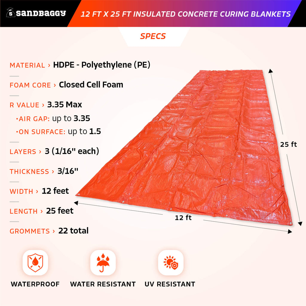 12 ft x 25 ft insulated concrete curing blankets specs