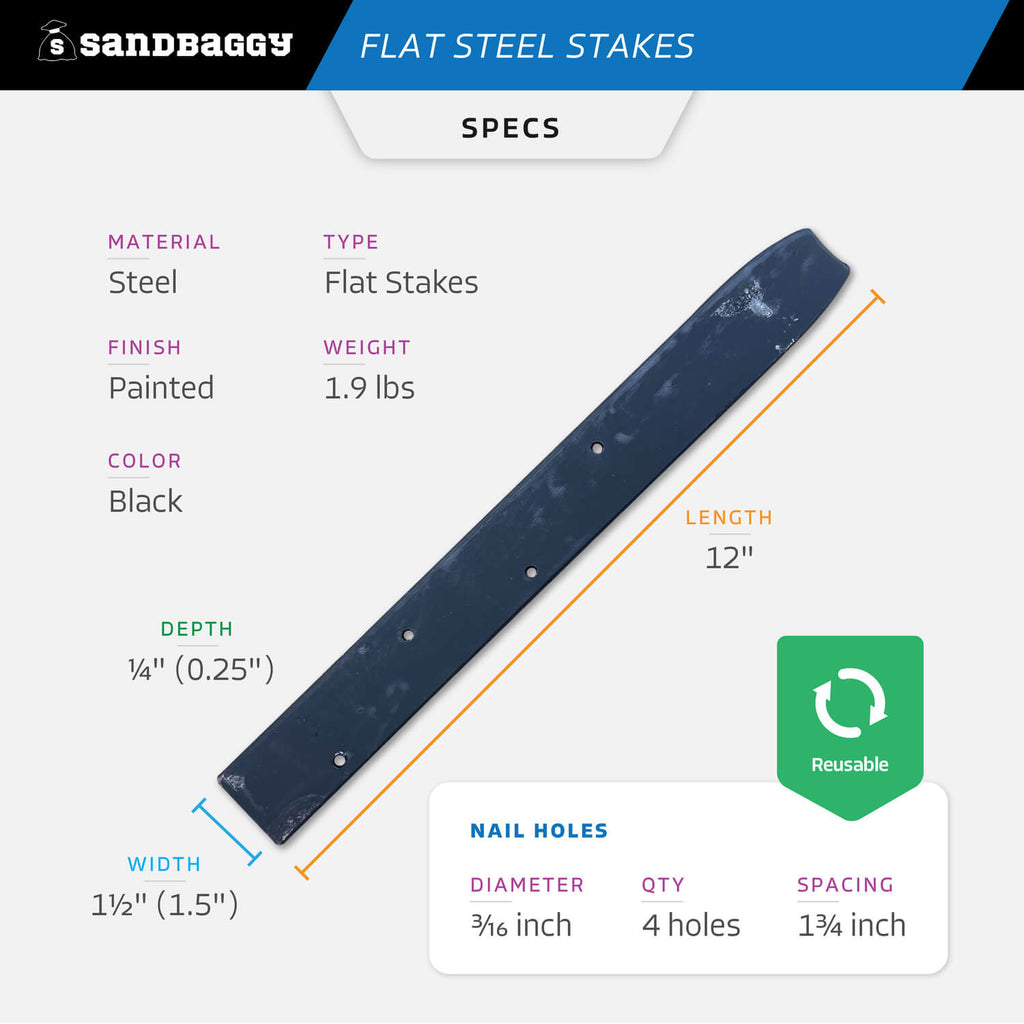 12" flat steel stakes - specs