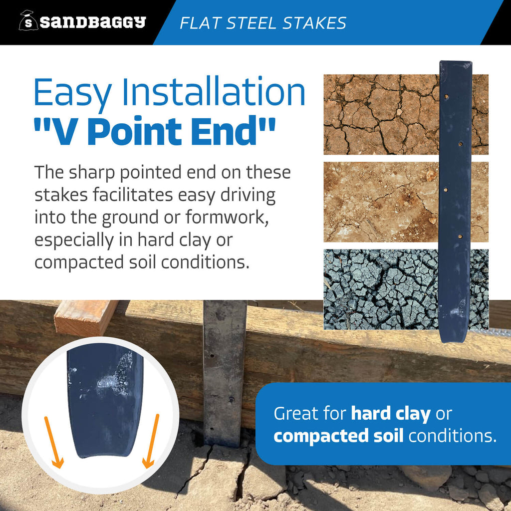 12" flat steel stakes - v point end