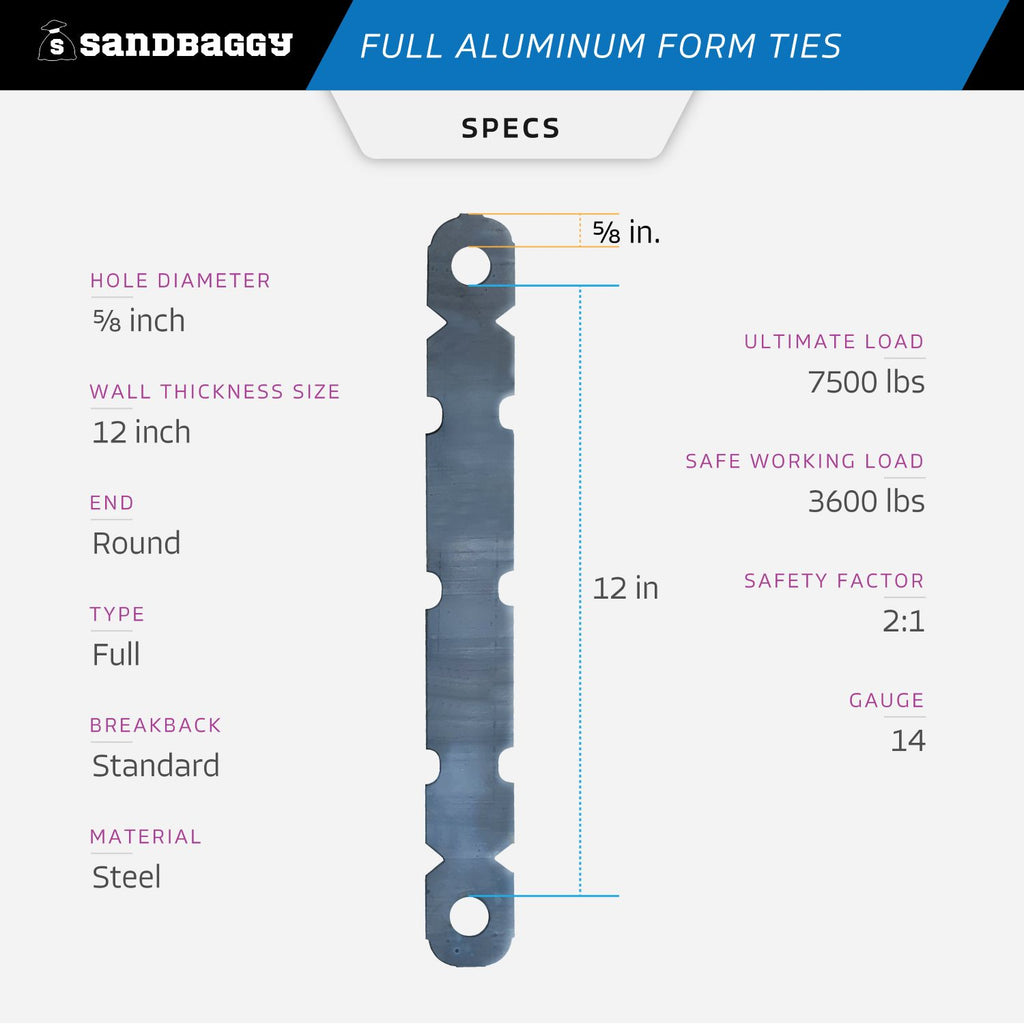 12 inch aluminum form ties specs