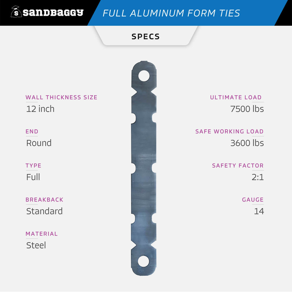 12 inch full aluminum form ties - specs