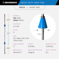 12" x 4 ¾" Heavy Duty Snap Ties For Concrete Forms (Short End) - 1" Plastic Cones