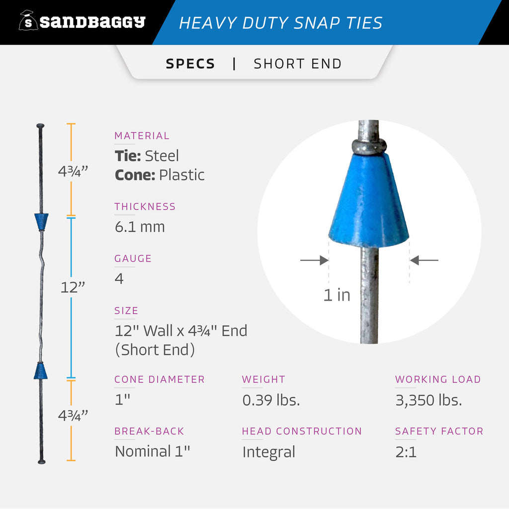 12" x 4 ¾" Heavy Duty Snap Ties For Concrete Forms (Short End) - 1" Plastic Cones