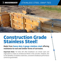 12" x 8 ¼" Stainless Steel Snap Ties For Concrete Forms (Long  End) - 1" Plastic Cones