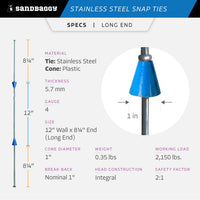 12" x 8 ¼" Stainless Steel Snap Ties For Concrete Forms (Long  End) - 1" Plastic Cones